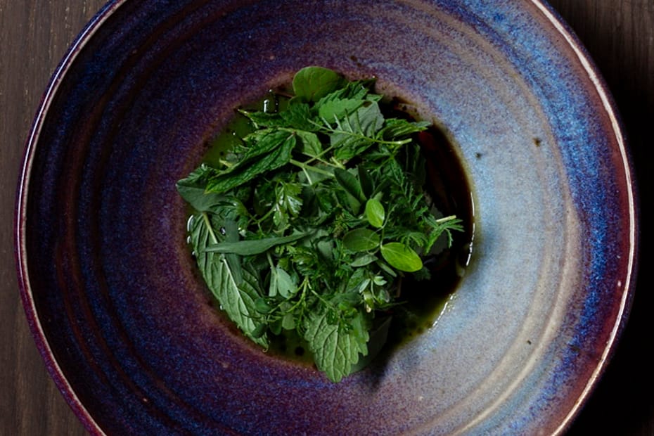 Schale, Reduktionsglasur (Chun) von Müritzkeramik; Gericht: Frühlingsgrün Frühlingsgrün, ein Dessert. Gekochtes Baiser, wild und Garten- kräuter, Sauerampfersaft und Granita, Kürbiskernöl